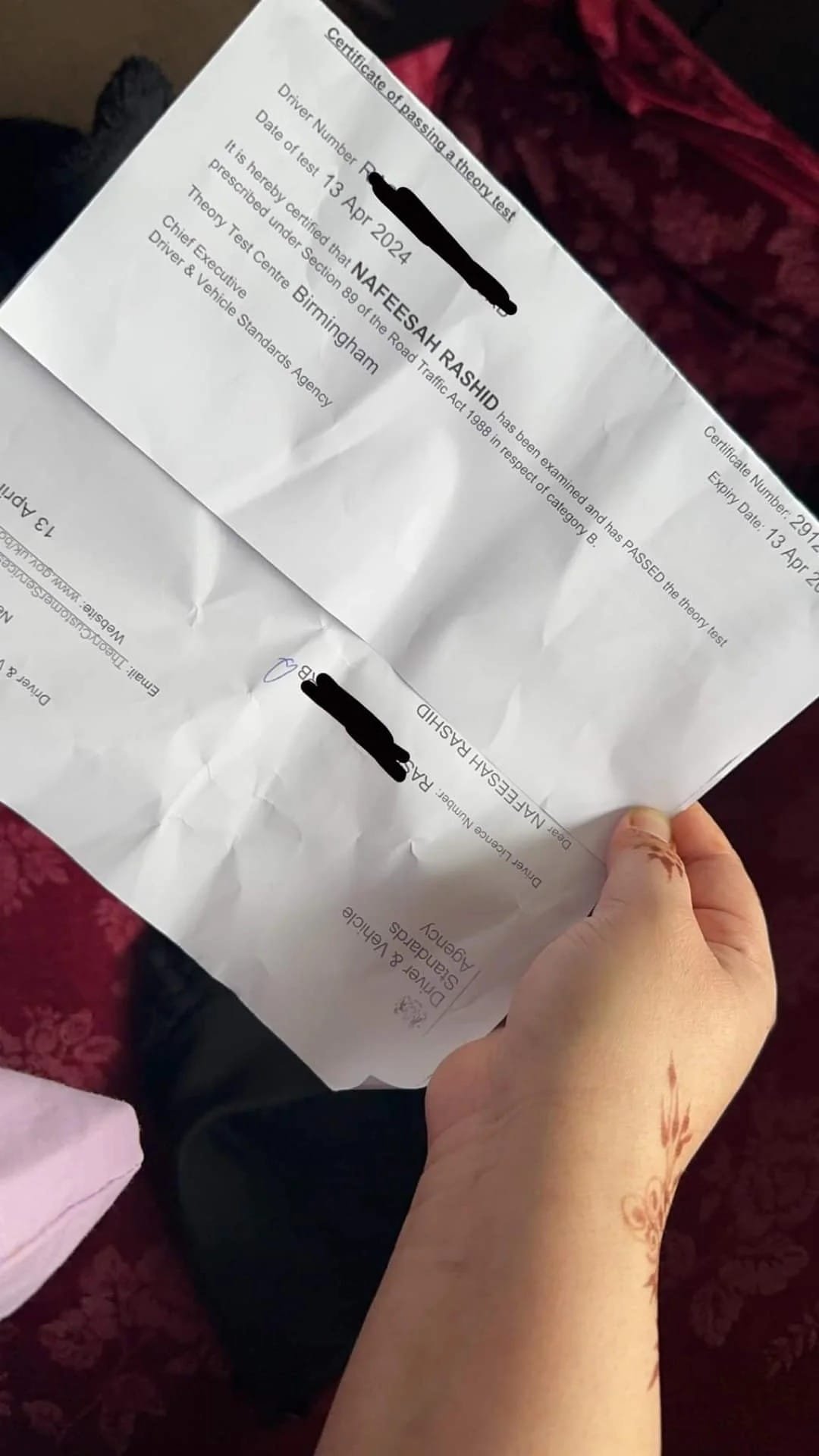 UK Theory Test Pass Certificate